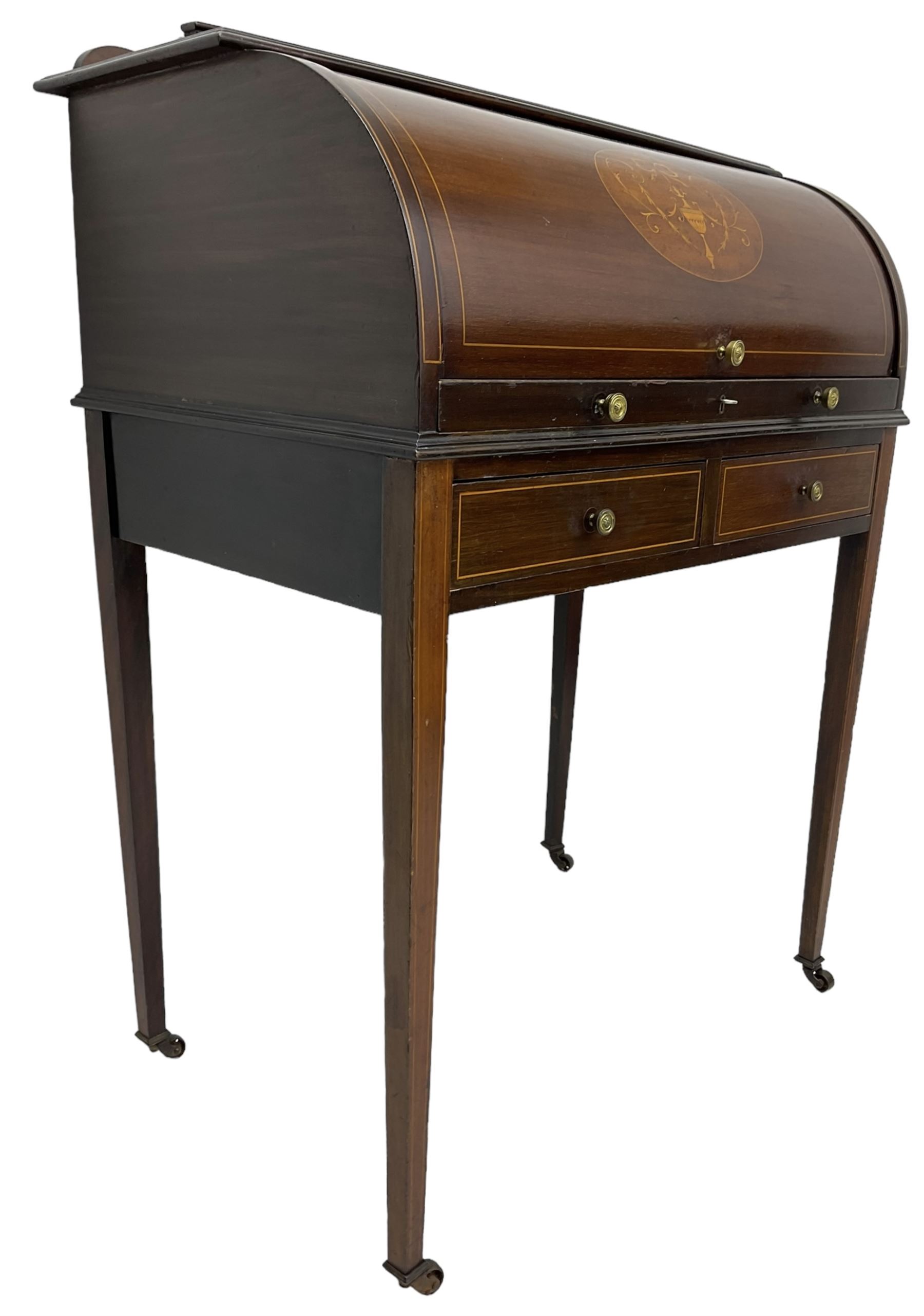 Edwardian inlaid mahogany and satinwood strung cylinder desk - Image 3 of 7