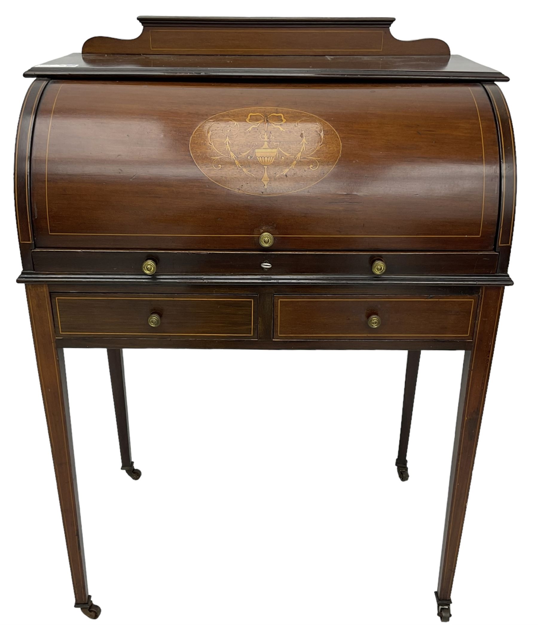 Edwardian inlaid mahogany and satinwood strung cylinder desk - Image 2 of 7