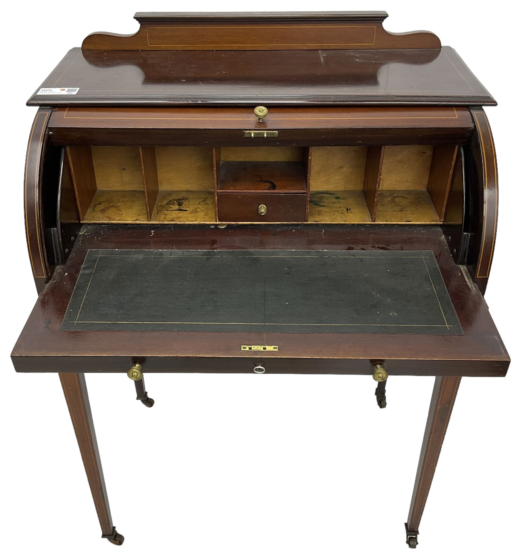 Edwardian inlaid mahogany and satinwood strung cylinder desk - Image 7 of 7