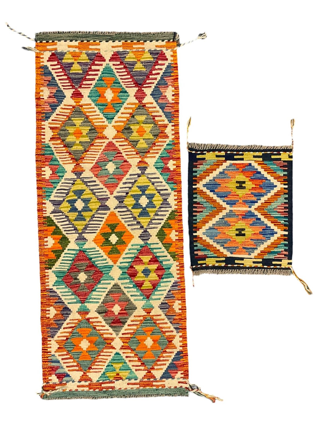 Chobi Kilim multi-coloured geometric design runner (154cm x 61cm); and a similar small mat (45cm x 5