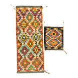 Chobi Kilim multi-coloured geometric design runner (154cm x 61cm); and a similar small mat (45cm x 5