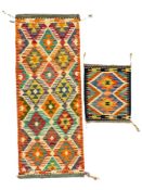 Chobi Kilim multi-coloured geometric design runner (154cm x 61cm); and a similar small mat (45cm x 5