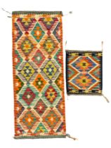 Chobi Kilim multi-coloured geometric design runner (154cm x 61cm); and a similar small mat (45cm x 5