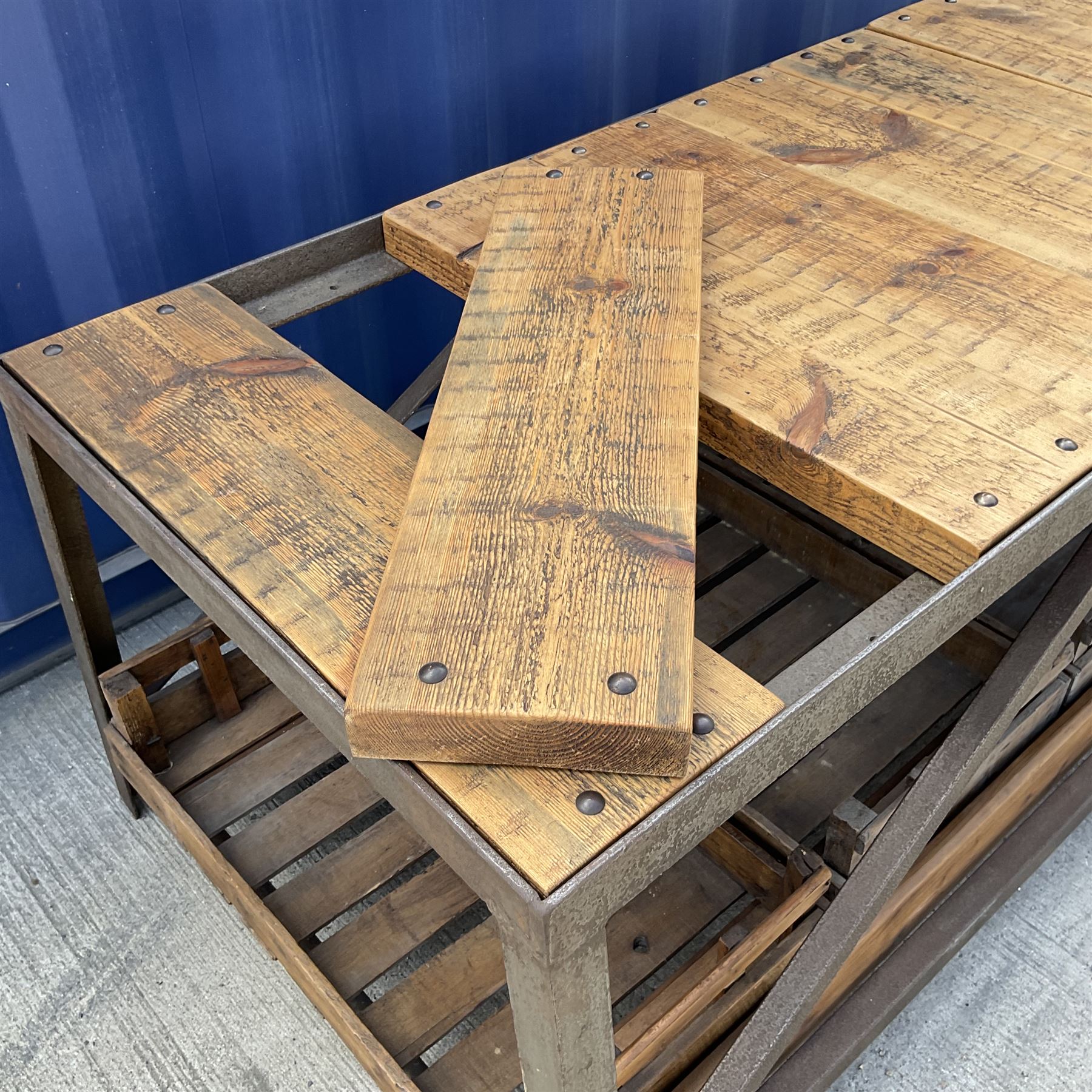 Large reclaimed industrial wrought metal and pine table - Image 3 of 6