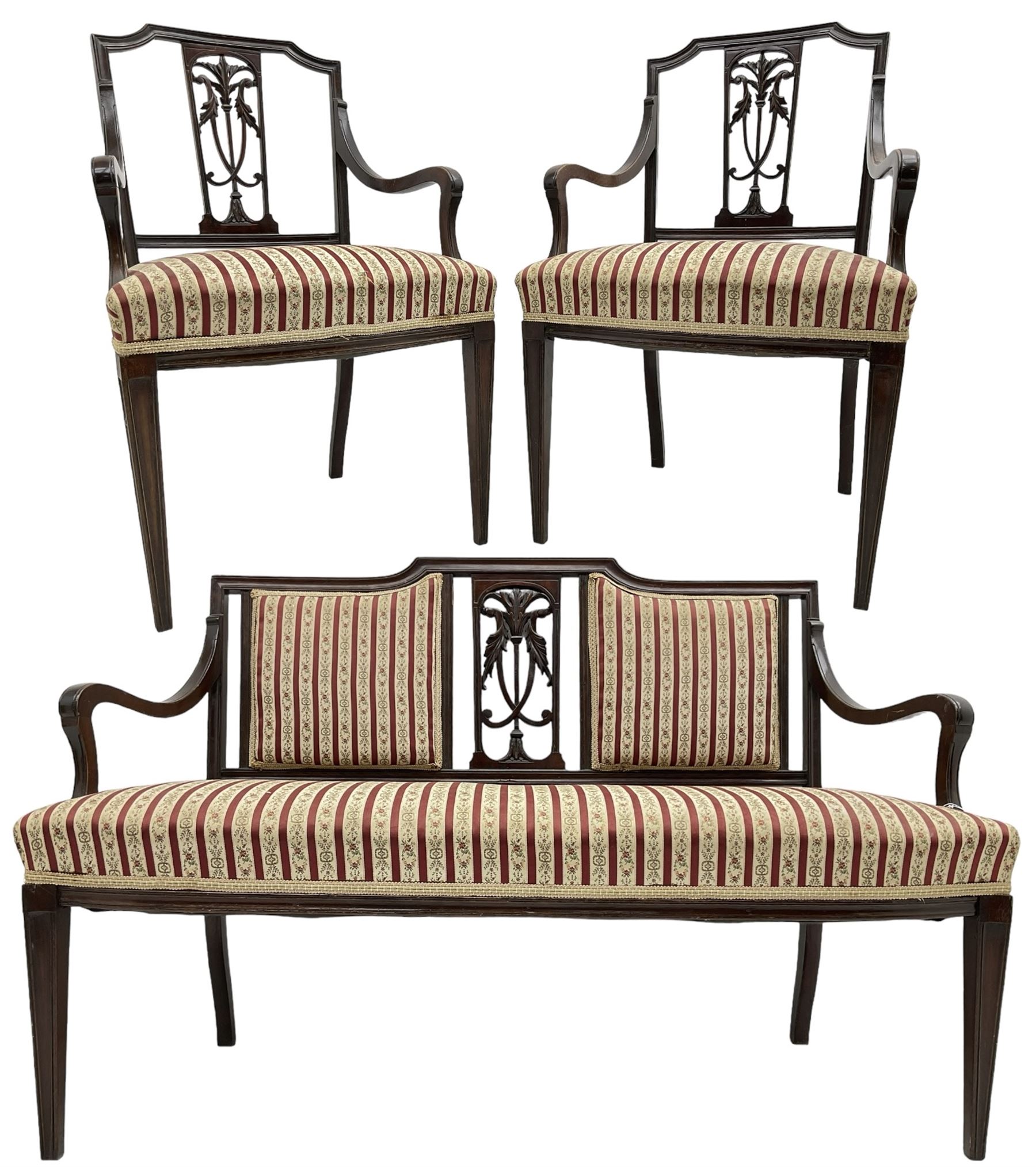 Edwardian mahogany framed three-piece salon suite - two-seat sofa