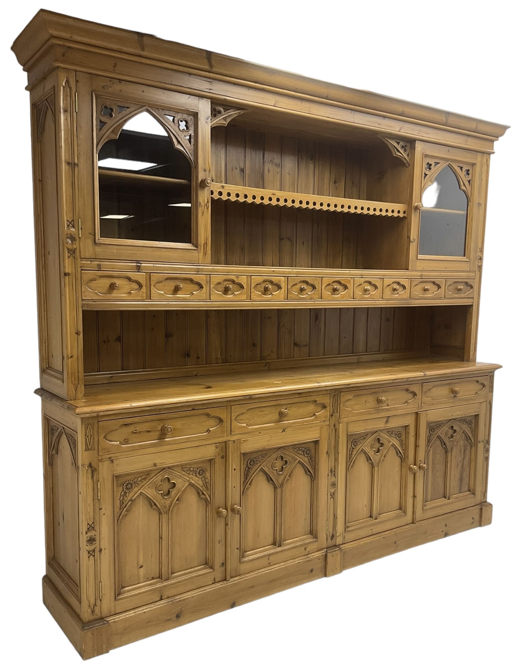 Ecclesiastical Gothic design waxed pine 8’ dresser - Image 7 of 8