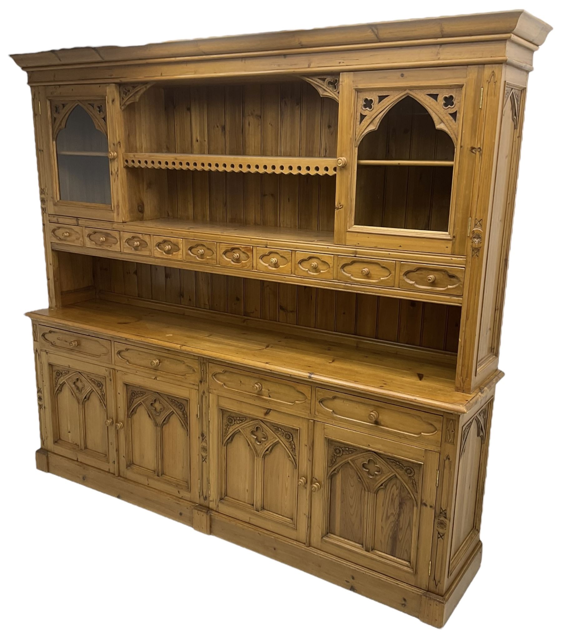 Ecclesiastical Gothic design waxed pine 8’ dresser - Image 2 of 8