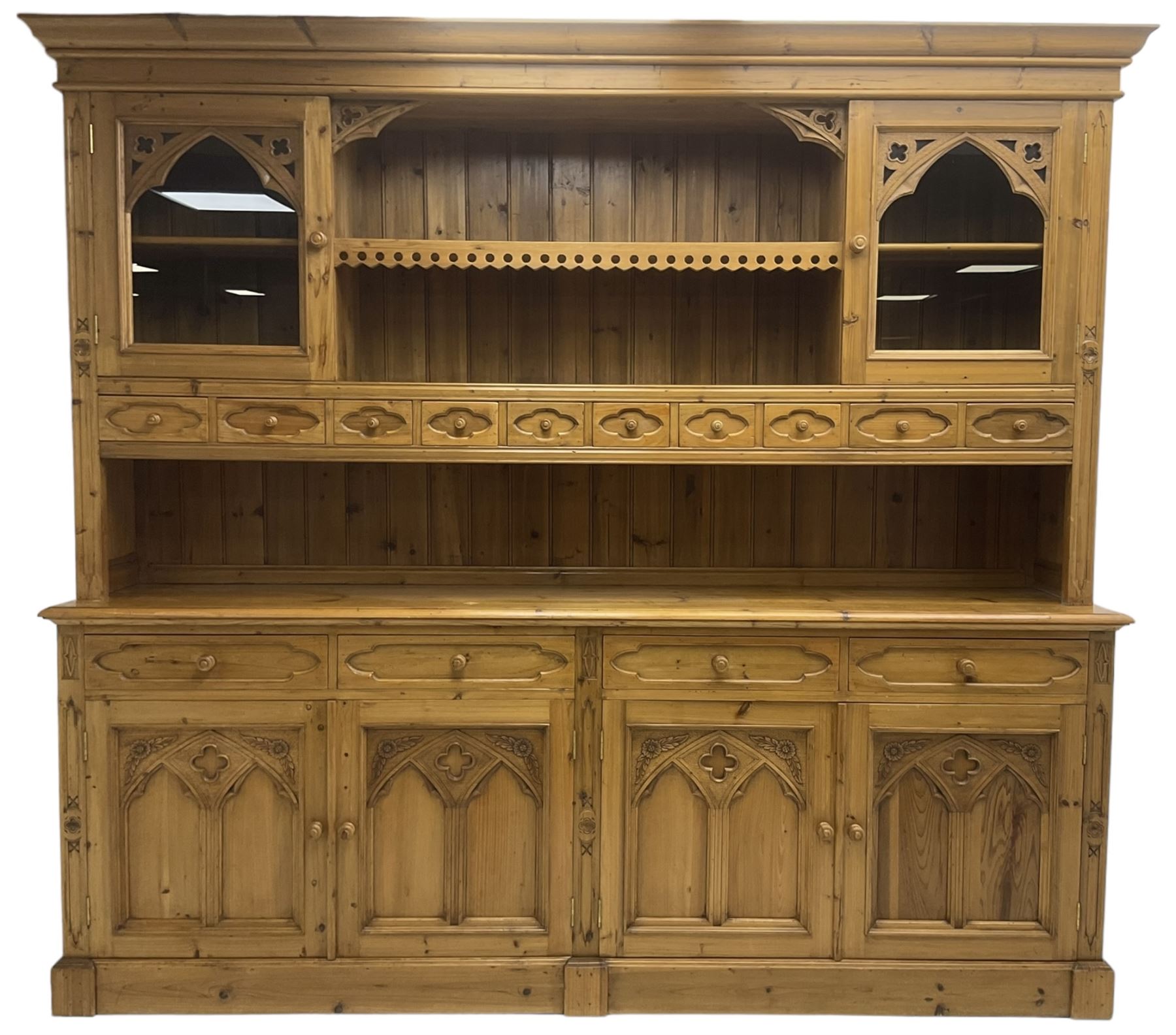 Ecclesiastical Gothic design waxed pine 8’ dresser - Image 8 of 8