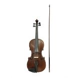Full size violin and bow in a wooden constructed fitted case