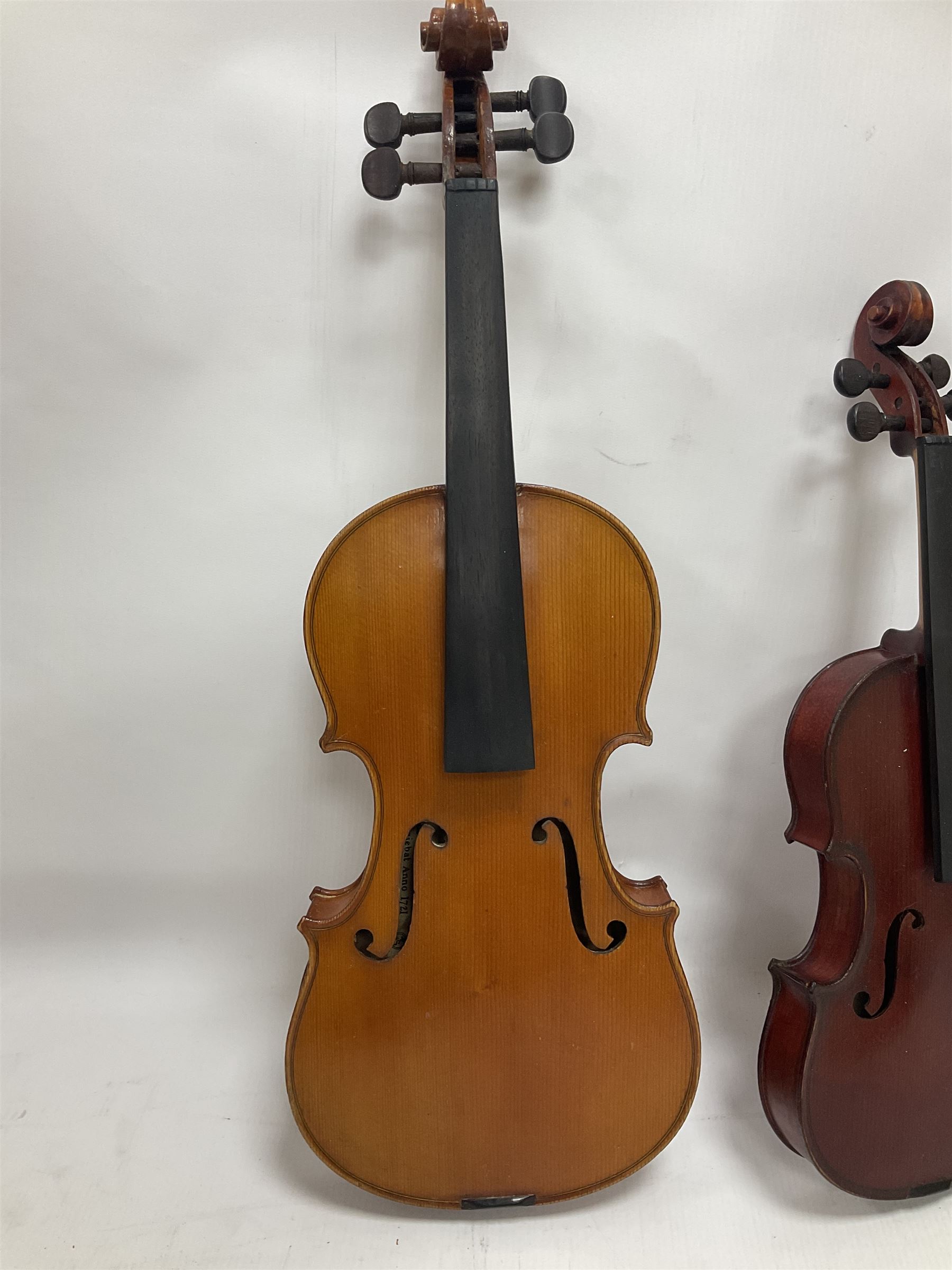 Four violins 1/8th size; half size with Nicolas Bertholini label; three-quarter size with Stradivari - Image 2 of 23