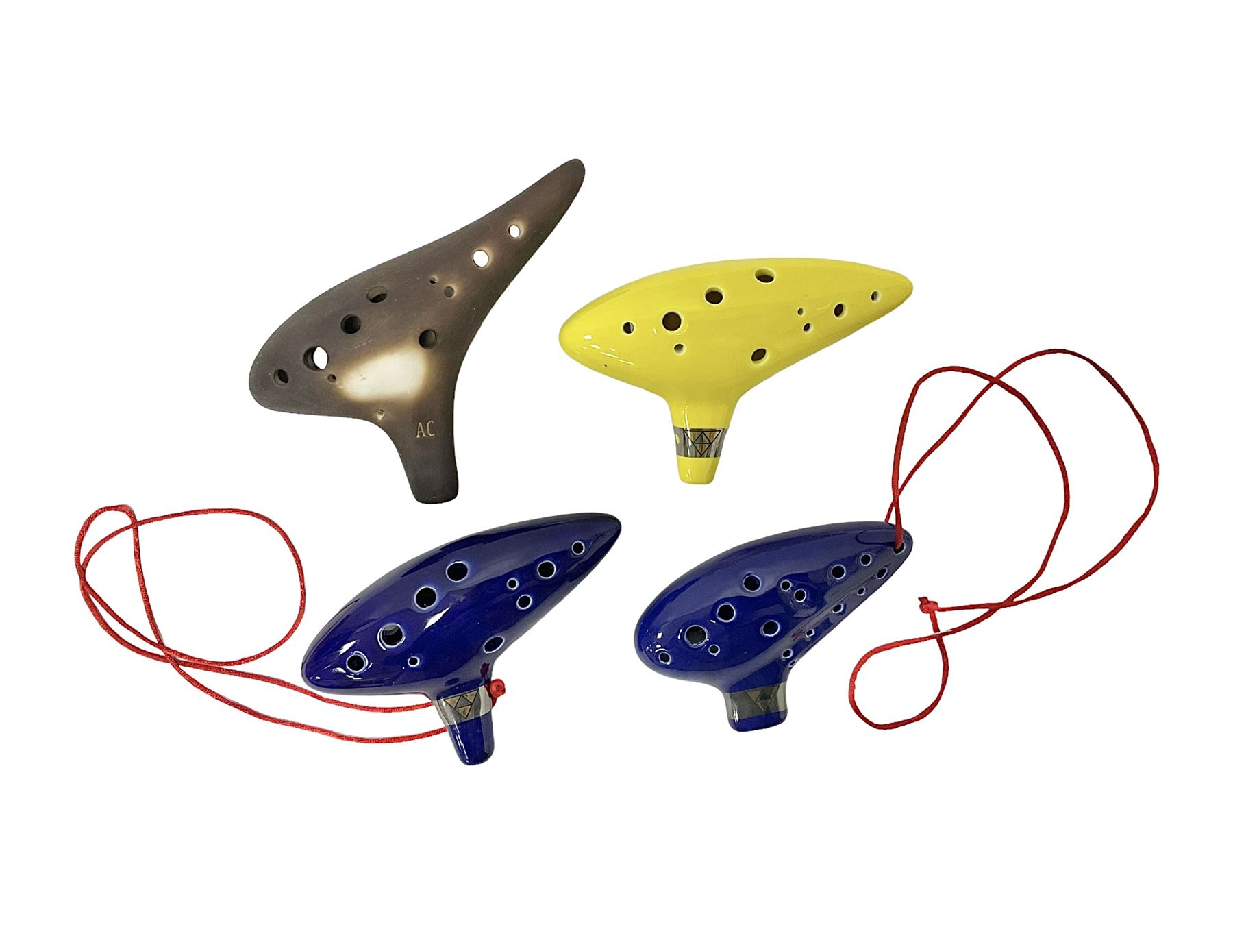 Four ocarinas three 10 hole ocarinas and one 16 hole double ocarina