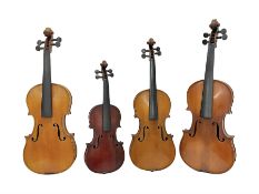 Four violins 1/8th size; half size with Nicolas Bertholini label; three-quarter size with Stradivari