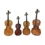 Four violins 1/8th size; half size with Nicolas Bertholini label; three-quarter size with Stradivari