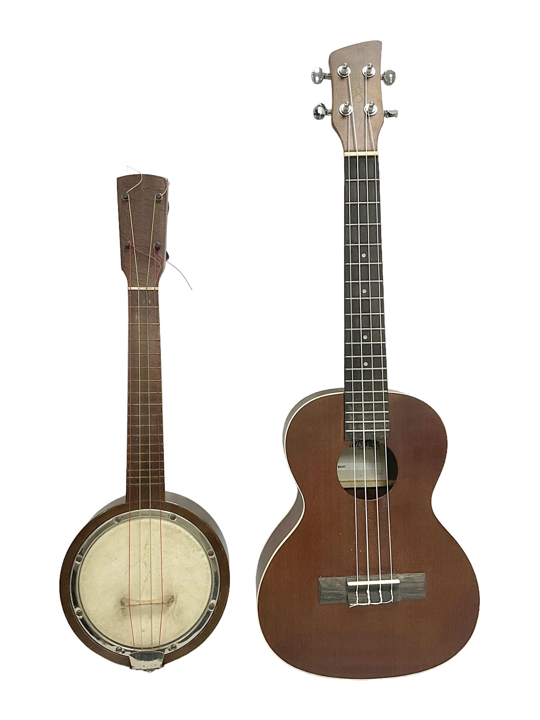 Brunswick Ukulele in a soft case with a earlier 20th century Banjo Ukulele in a lined and fitted cas