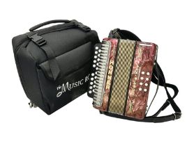Hohner Double Ray black dot button melodeon in B/C; modern Irish style with eight bass and twenty-on