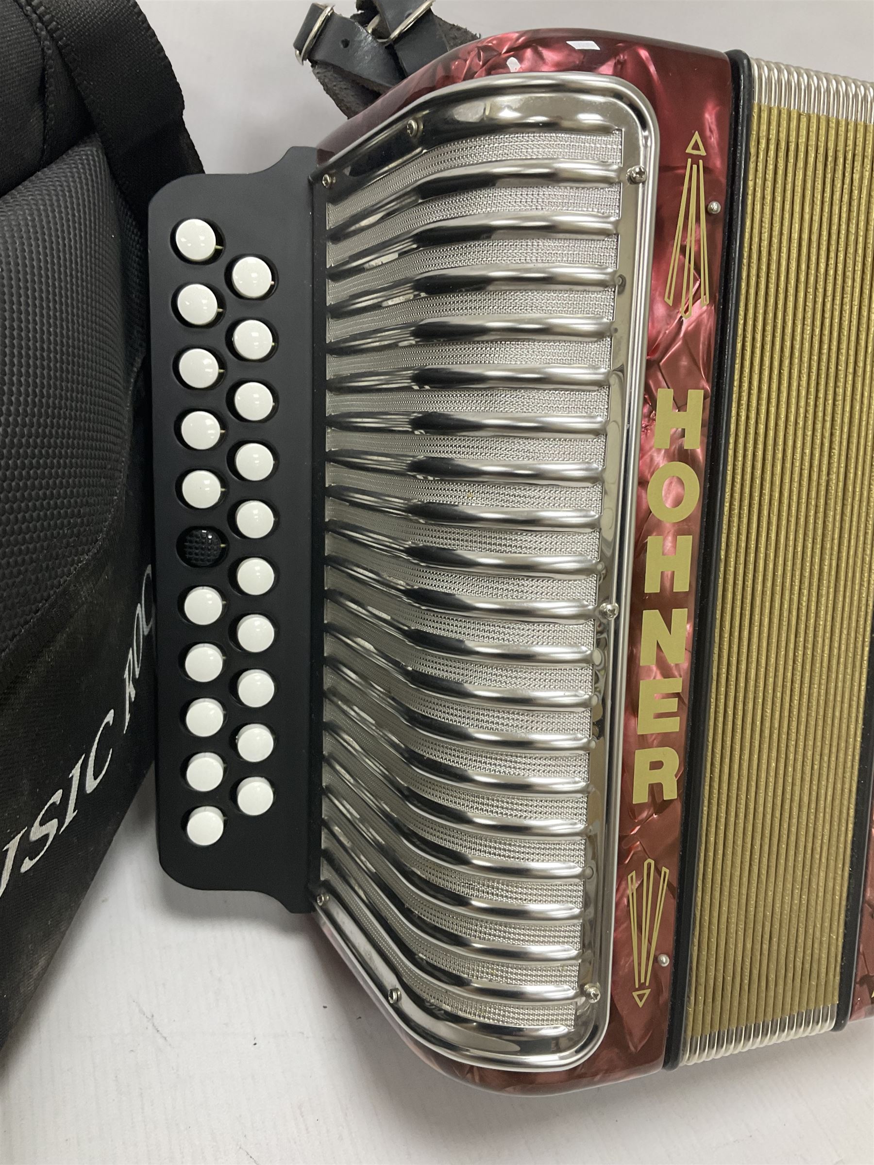 Hohner Double Ray black dot button melodeon in B/C; modern Irish style with eight bass and twenty-on - Image 2 of 11