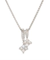 18ct white gold pave set princess cut and round brilliant cut diamond pendant necklace
