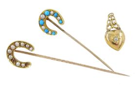 Victorian 18ct gold turquoise and split pearl horseshoe pin