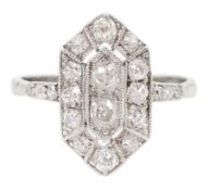 Art Deco 18ct white gold and platinum old cut diamond hexagonal panel ring
