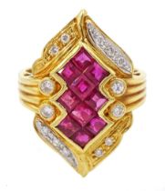 18ct gold square cut ruby and round brilliant cut diamond ring