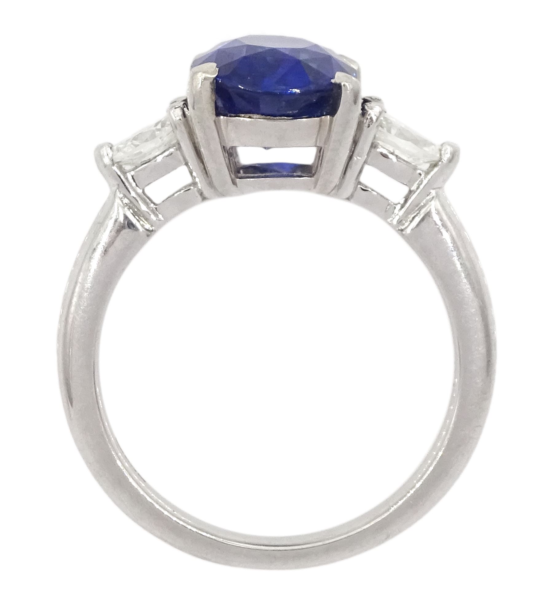 Platinum three stone oval cut sapphire and pear cut diamond ring - Image 7 of 7