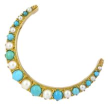 9ct gold graduating turquoise and pearl crescent moon brooch
