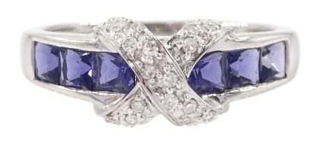 9ct white gold square cut tanzanite and diamond crossover ring