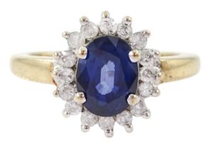 9ct gold oval cut sapphire and round brilliant cut diamond cluster ring