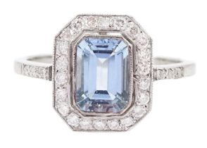 White gold milgrain set emerald cut aquamarine and diamond cluster ring