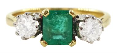 18ct gold three stone emerald and round brilliant cut diamond ring