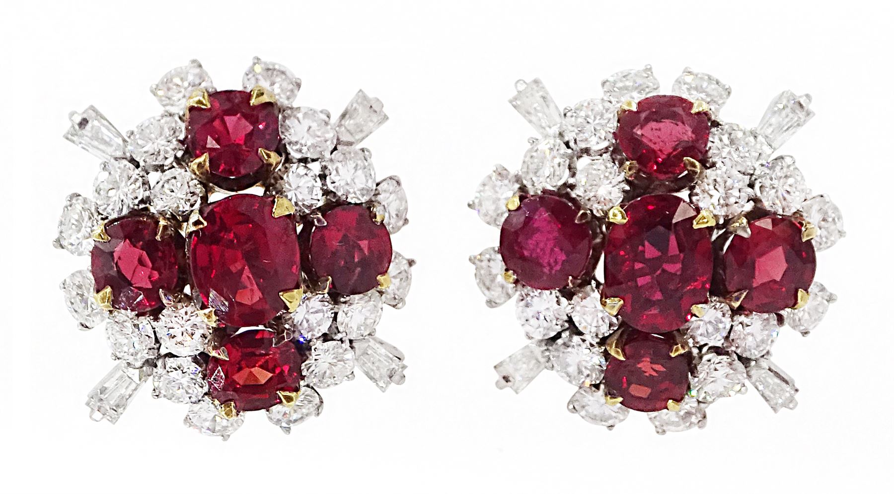 Pair of 18ct white and yellow gold Burmese ruby and diamond stud earrings