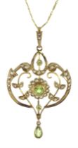 Edwardian 9ct gold peridot and pearl pendant