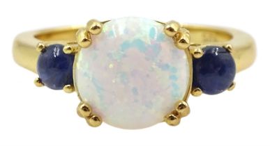 Silver-gilt three stone opal and sapphire ring