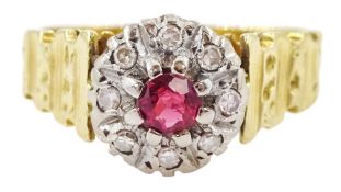 18ct gold round cut ruby and single cut diamond cluster ring