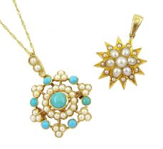 Early 20th century 15ct gold split pearl star pendant and a 15ct gold turquoise and split pearl peda