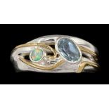Silver and 14ct gold wire blue topaz and opal ring