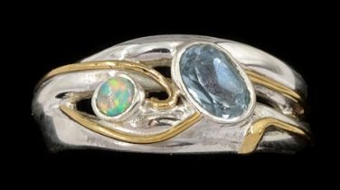 Silver and 14ct gold wire blue topaz and opal ring