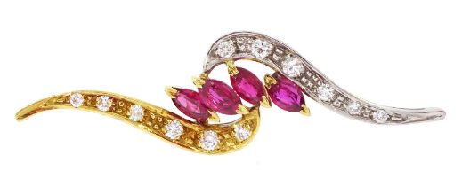 18ct gold marquise cut ruby and round brilliant cut diamond brooch