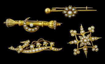 Four Victorian and Edwardian gold split pearl set brooches including star