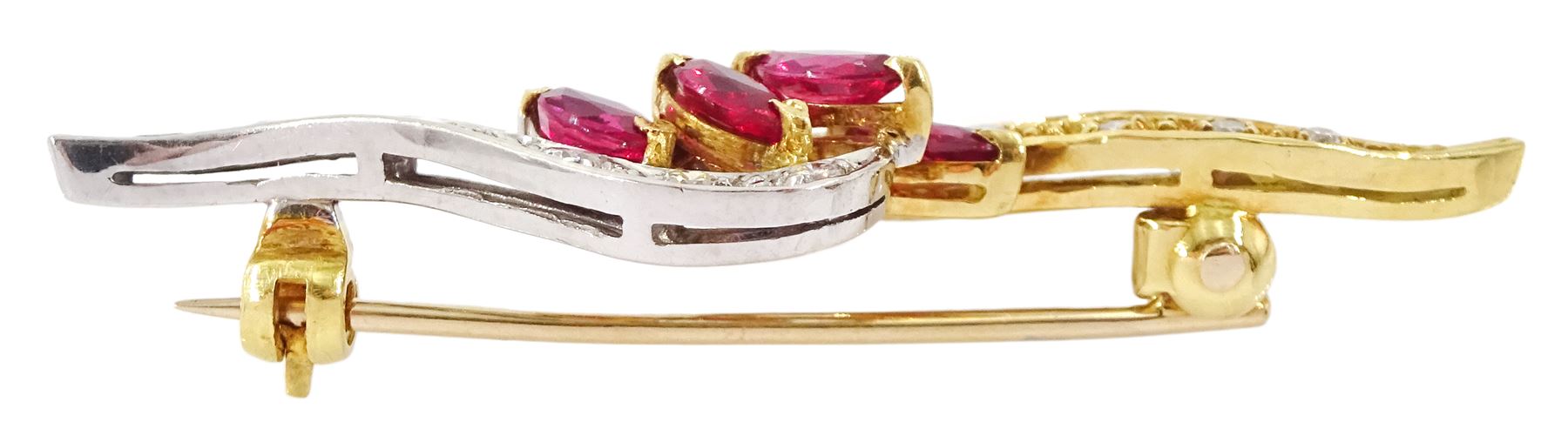 18ct gold marquise cut ruby and round brilliant cut diamond brooch - Image 2 of 2
