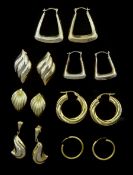 Six pairs of 9ct gold stud earrings including hoop and leaf and a pair of 10ct gold rectangular hoop