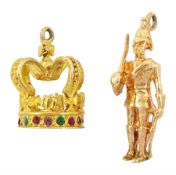 9ct gold crown pendant / charm and a 14ct gold soldier pendant / charm