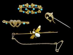Early 20th century 15ct gold turquoise and seed pearl brooch