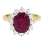 18ct gold oval cut ruby and round brilliant cut diamond cluster ring