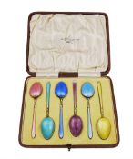 Set of six 1920s silver-gilt and harlequin enamel coffee spoons