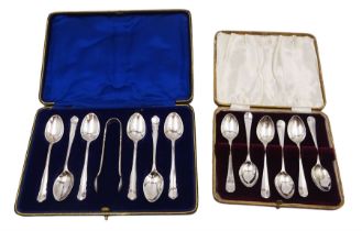 Set of six 1920s silver coffee spoons and a pair of sugar tongs
