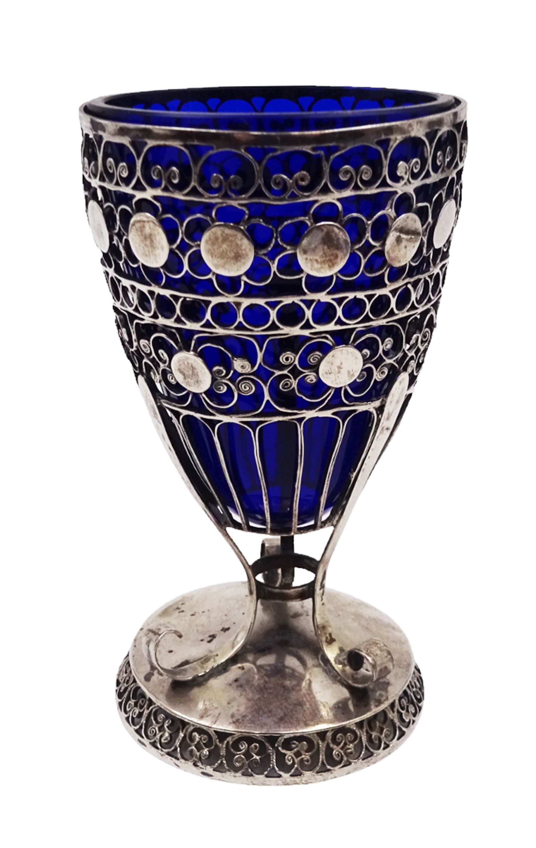 19th/early 20th century silver bon bon dish with blue glass liner