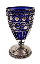 19th/early 20th century silver bon bon dish with blue glass liner