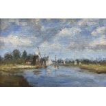 English Impressionist School (20th century): Dutch Landscape with Windmill and Boats