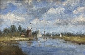 English Impressionist School (20th century): Dutch Landscape with Windmill and Boats